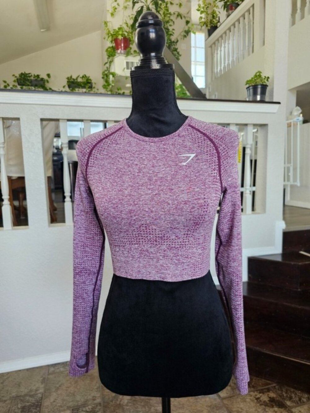 GymShark Vital Seamless Crop-Long Sleeve-Shirt-Small-Plum Women's